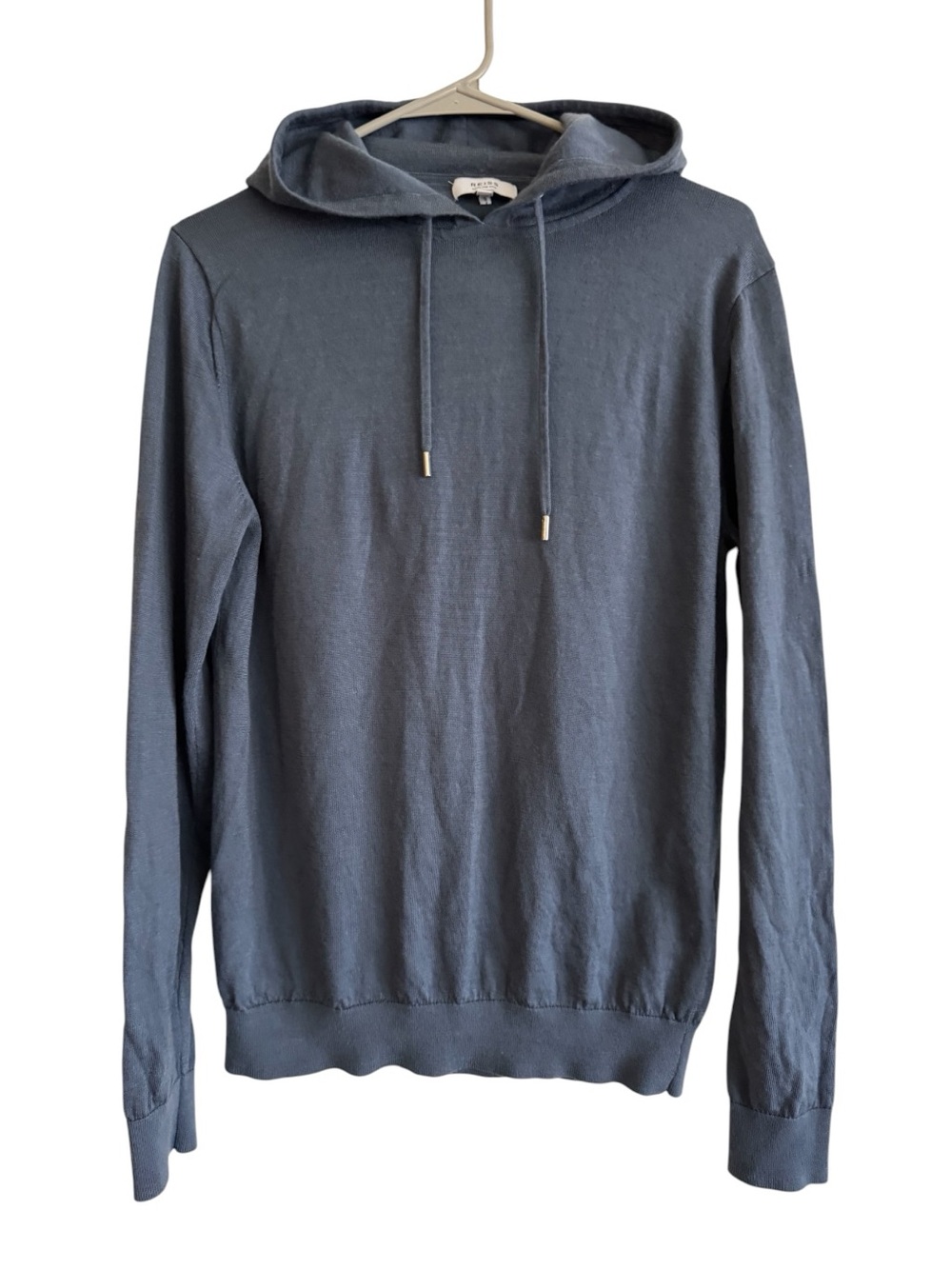 REISS 100% Extra Fine Merino Wool Hoodie Blue Lightweight Knit Sweater Size S